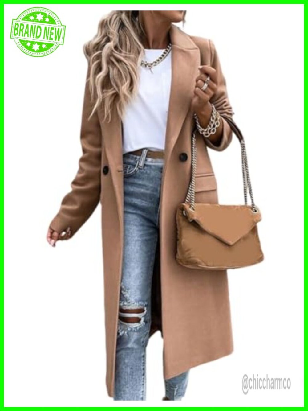 Womens Long Wool Blend Peacoat Notch Lapel Button Front Dressy Winter Coat